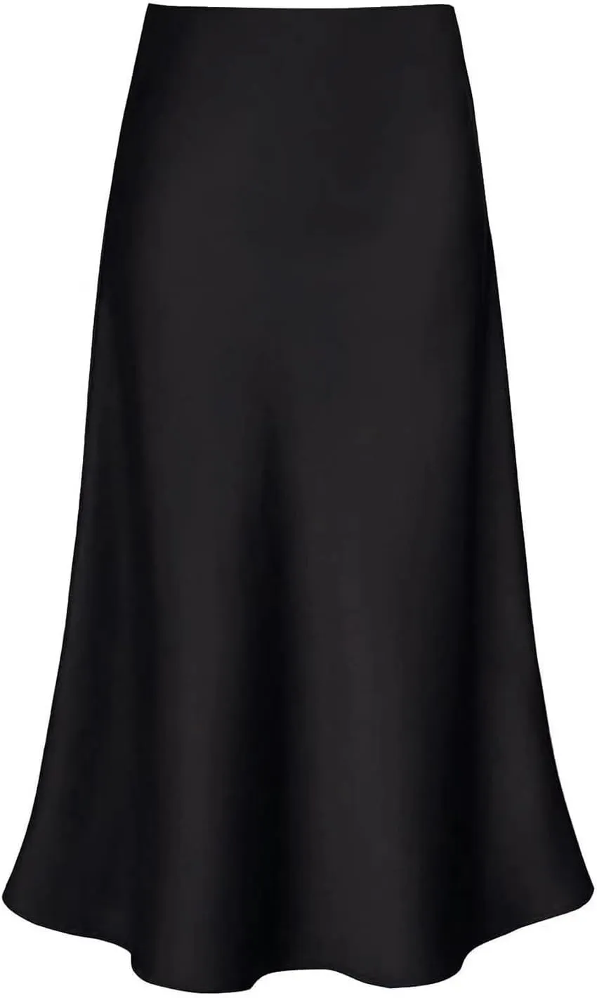 yoeasy Women's Satin High Waisted Solid Midi Skirt High Waisted A Line Solid Elastic Skirt