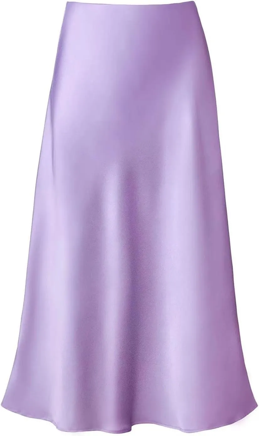 yoeasy Women's Satin High Waisted Solid Midi Skirt High Waisted A Line Solid Elastic Skirt