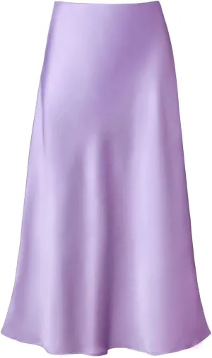 yoeasy Women's Satin High Waisted Solid Midi Skirt High Waisted A Line Solid Elastic Skirt