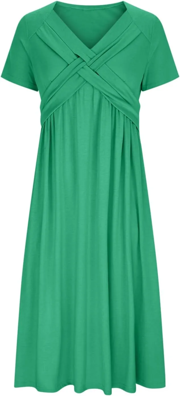 ZDRZK Summer Dresses for Women Casual Short Sleeve Sexy Wrap V Neck Dress Casual Loose Ladies Dress Dresses with Pockets