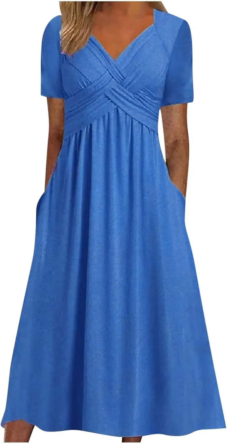 ZDRZK Summer Dresses for Women Casual Short Sleeve Sexy Wrap V Neck Dress Casual Loose Ladies Dress Dresses with Pockets
