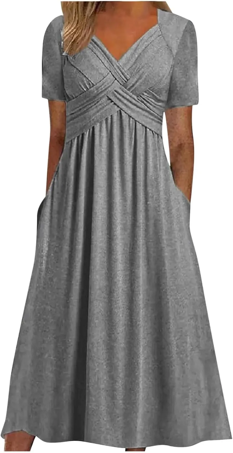 ZDRZK Summer Dresses for Women Casual Short Sleeve Sexy Wrap V Neck Dress Casual Loose Ladies Dress Dresses with Pockets