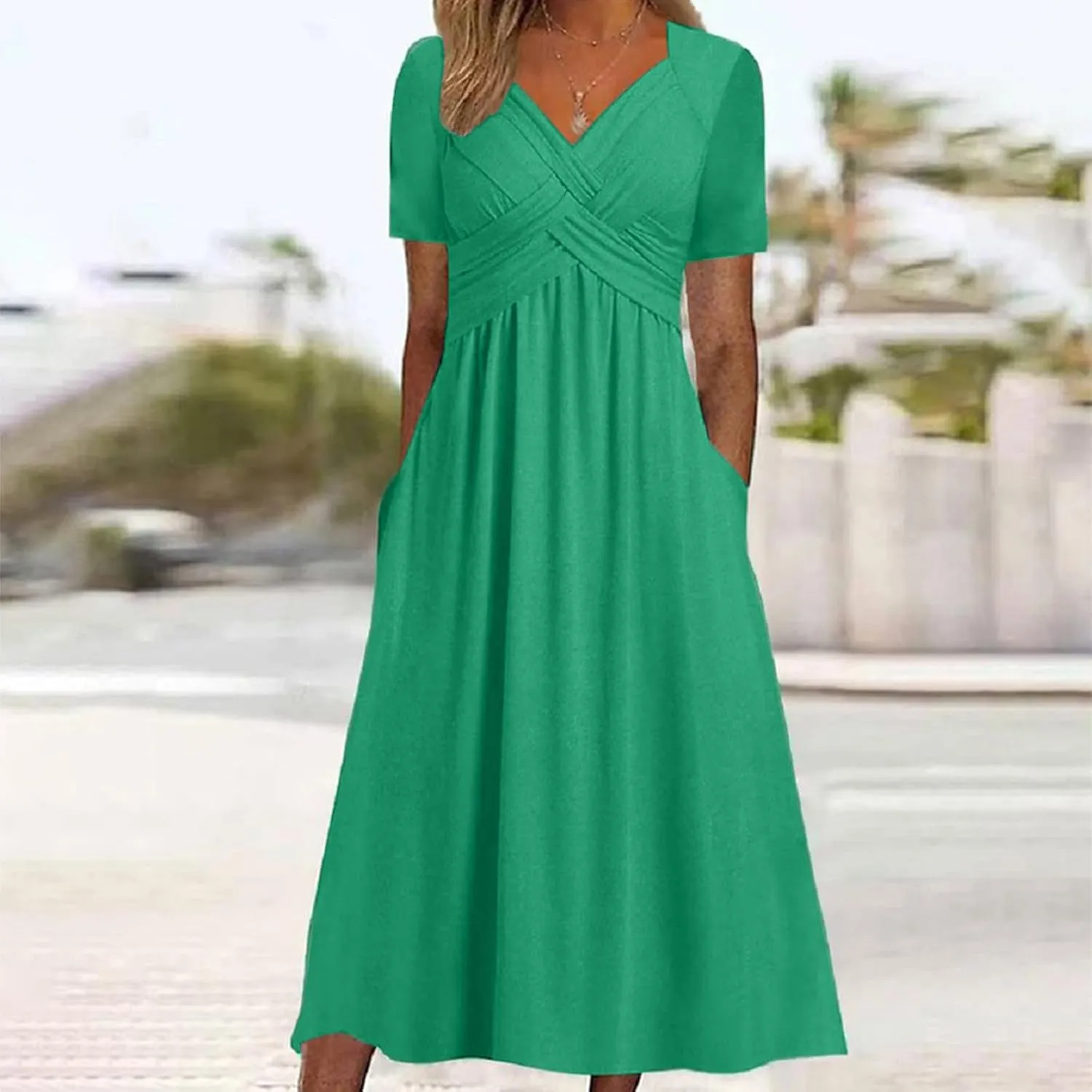 ZDRZK Summer Dresses for Women Casual Short Sleeve Sexy Wrap V Neck Dress Casual Loose Ladies Dress Dresses with Pockets