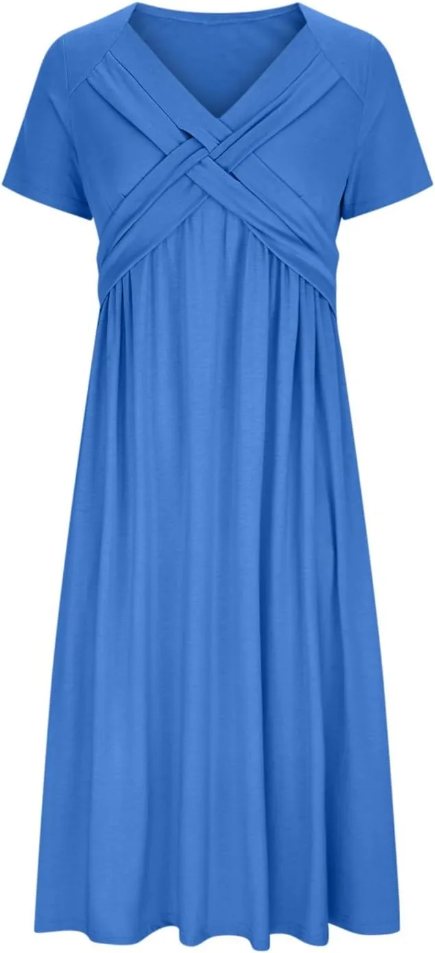 ZDRZK Summer Dresses for Women Casual Short Sleeve Sexy Wrap V Neck Dress Casual Loose Ladies Dress Dresses with Pockets