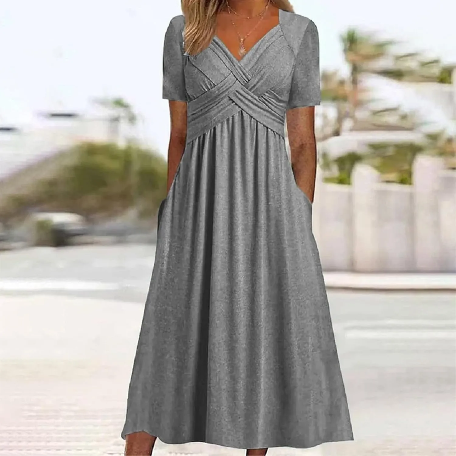 ZDRZK Summer Dresses for Women Casual Short Sleeve Sexy Wrap V Neck Dress Casual Loose Ladies Dress Dresses with Pockets